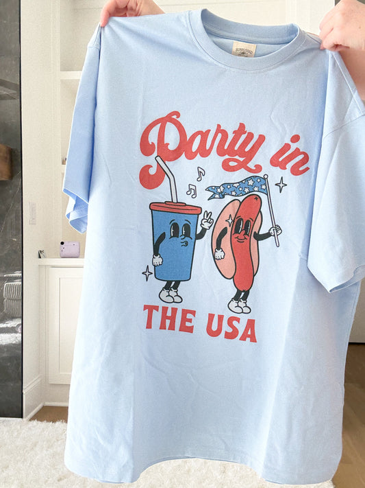 Midweight Blue Party In The USA Hotdog Tee
