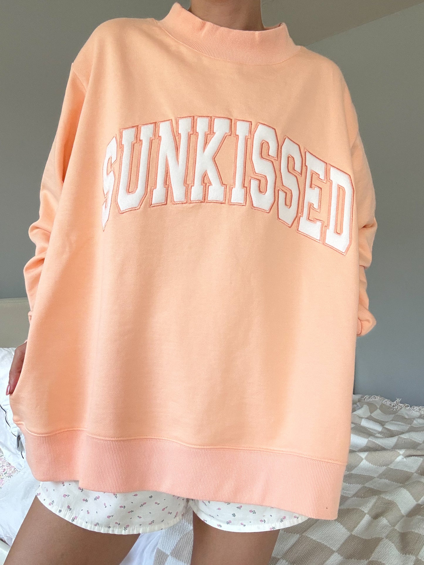 TRADESHOW Papaya Orange Varsity Sunkissed Embroidered Mockneck Sweatshirt 100% Cotton