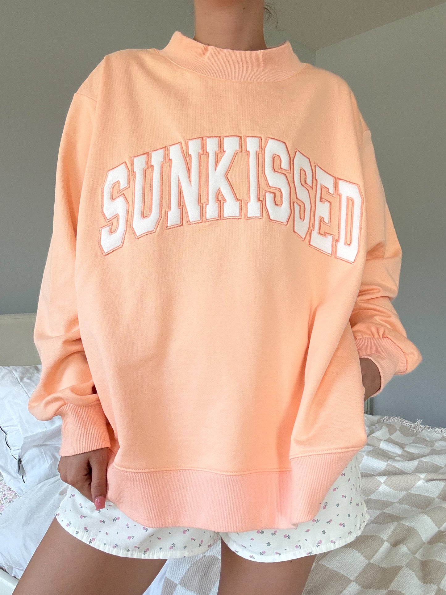 TRADESHOW Papaya Orange Varsity Sunkissed Embroidered Mockneck Sweatshirt 100% Cotton