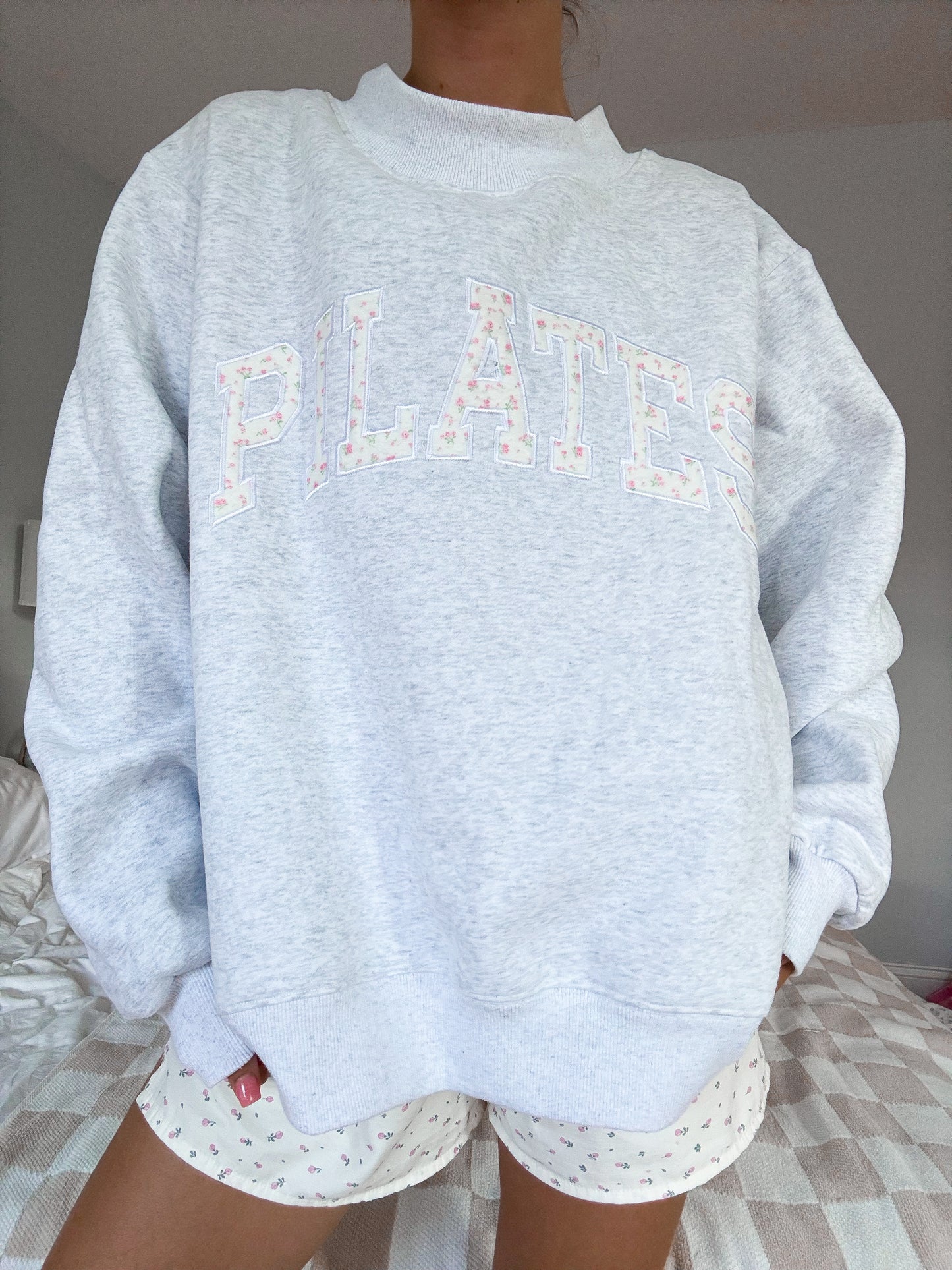 Pearl Grey Mockneck Pilates Embroider Sweatshirt
