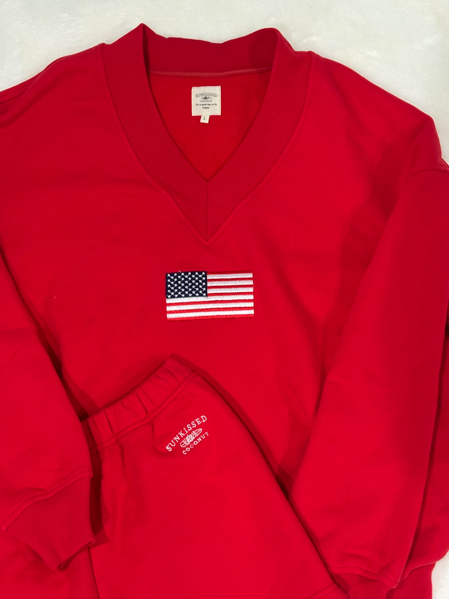 Red American Flag Embroider V-Neck Sweatshirt