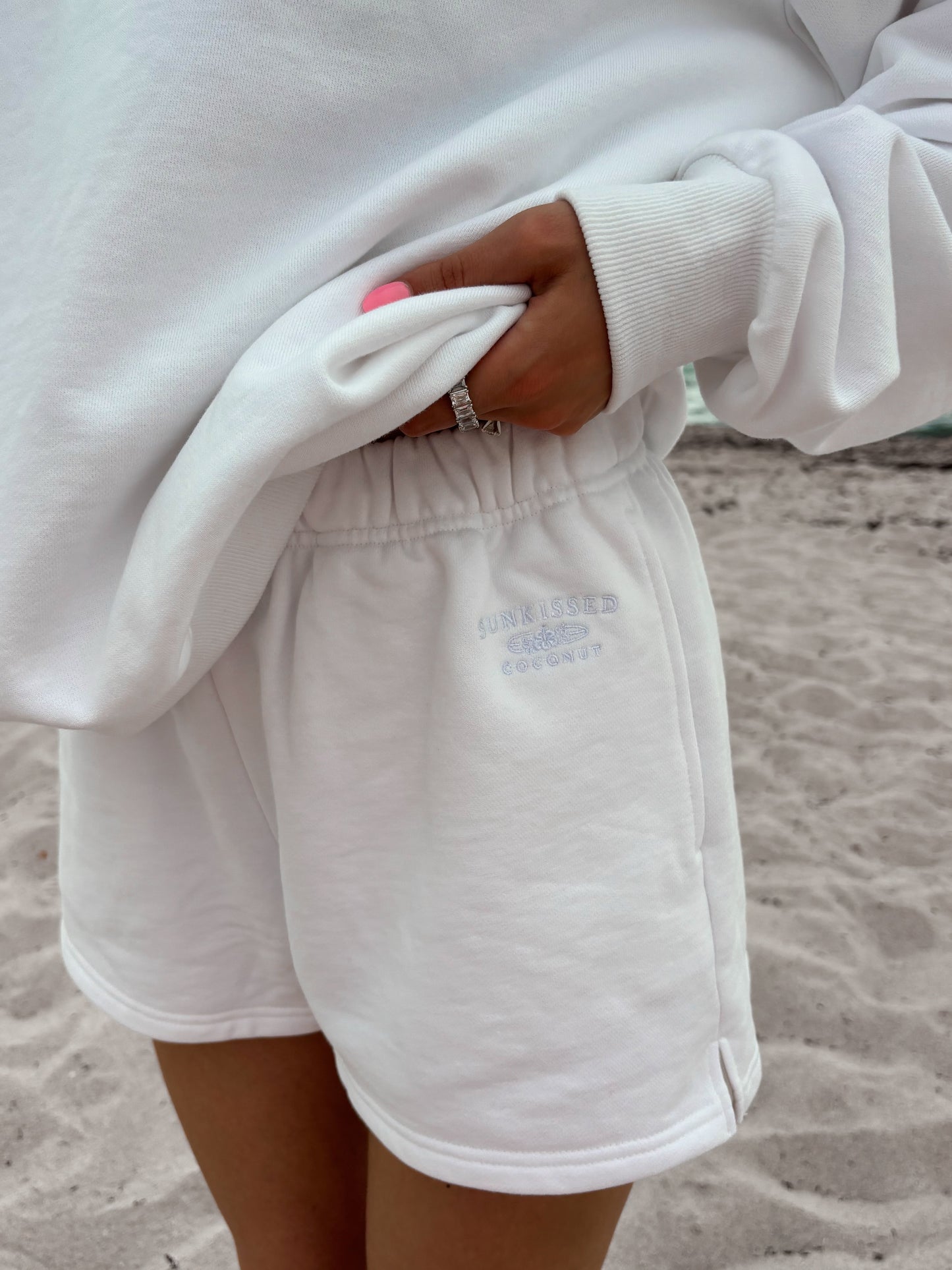 White Embroidered Sweat Shorts 100% Cotton