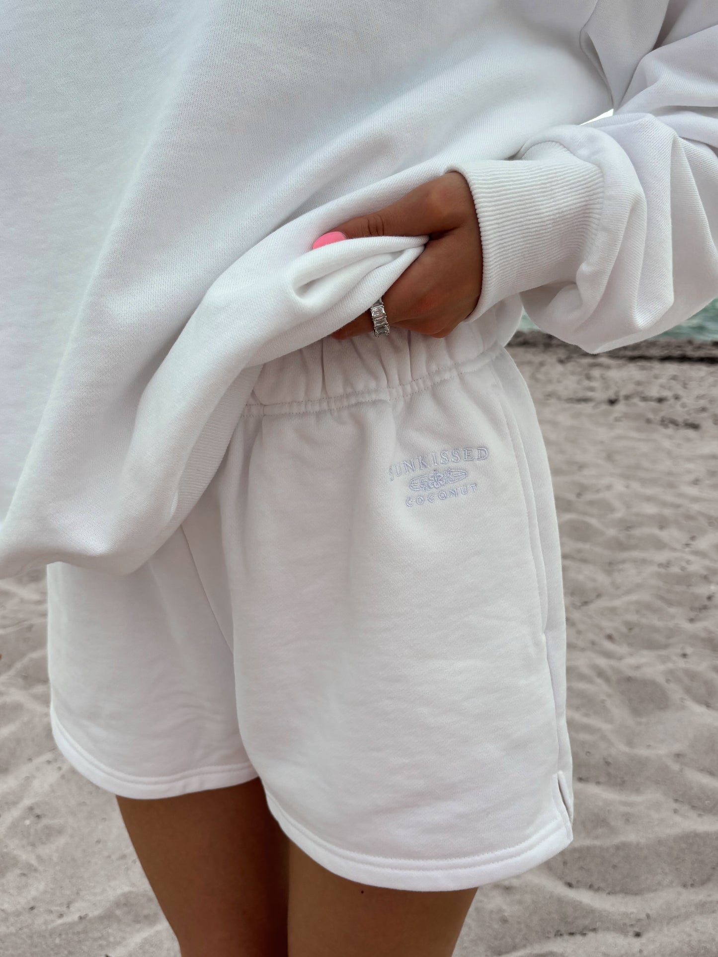 White Embroidered Sweat Shorts 100% Cotton