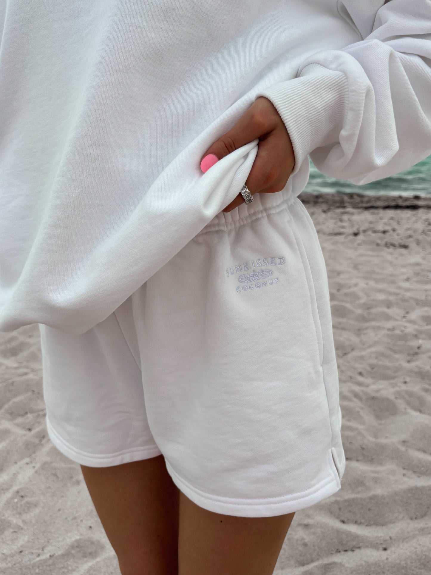 White Embroidered Sweat Shorts 100% Cotton