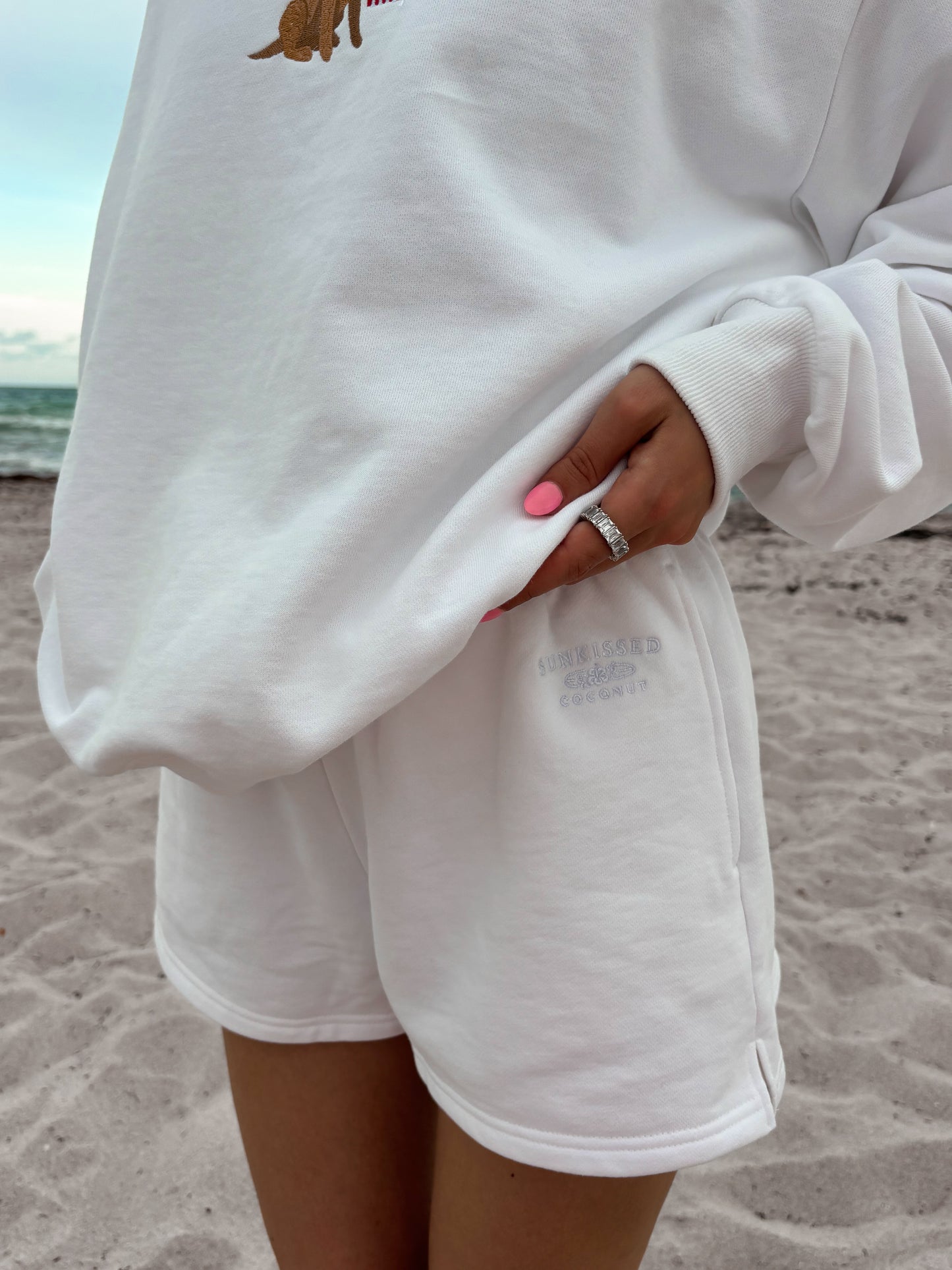 White Embroidered Sweat Shorts 100% Cotton