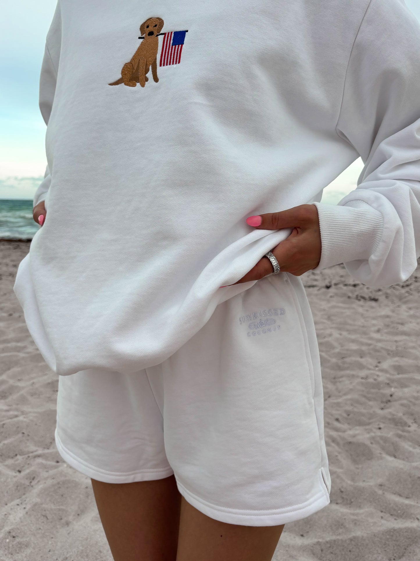 White Embroidered Sweat Shorts 100% Cotton