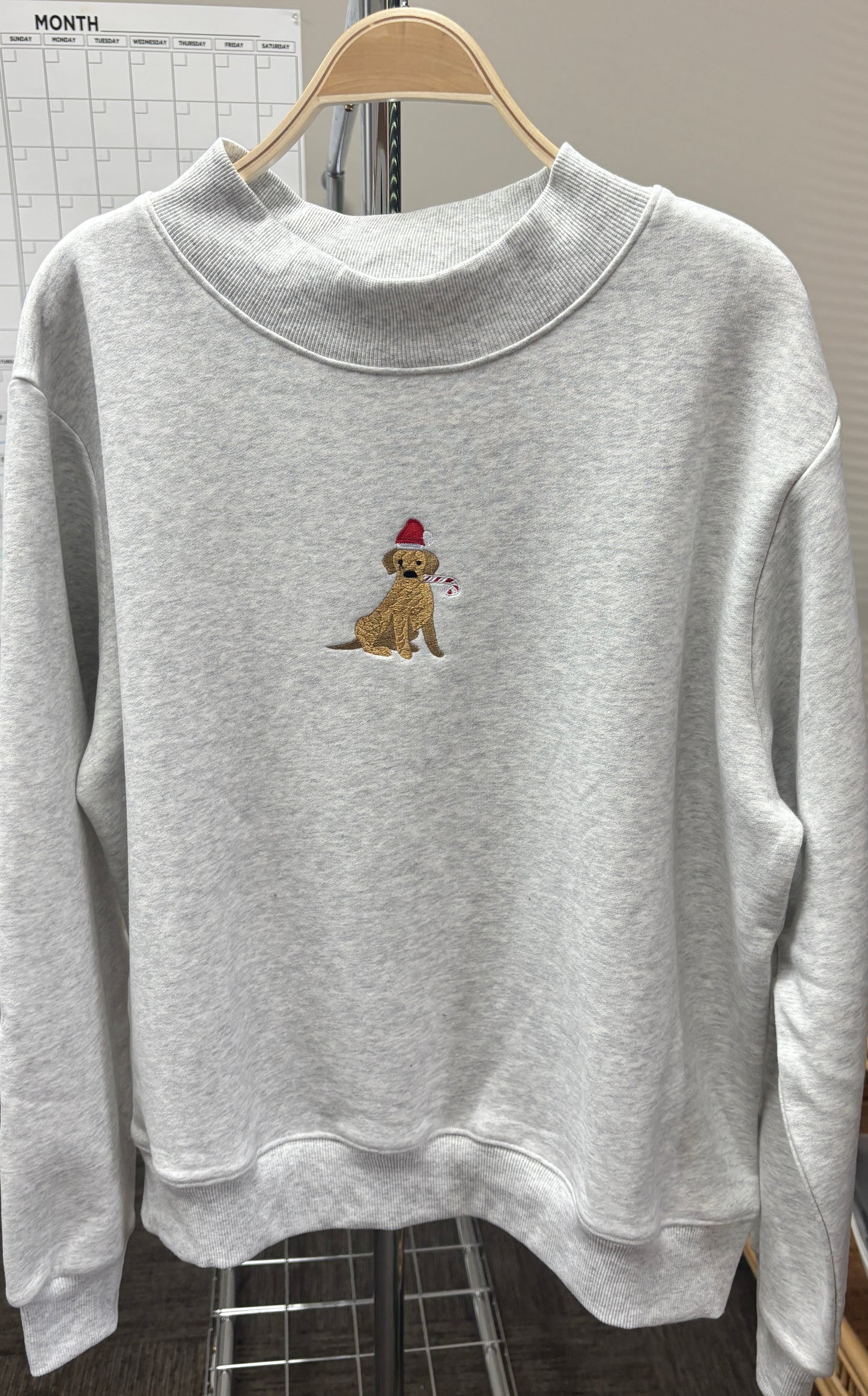 TRADESHOW Pearl Grey Christmas Dog Santa Hat Embroidered Mockneck Sweatshirt 100% Cotton