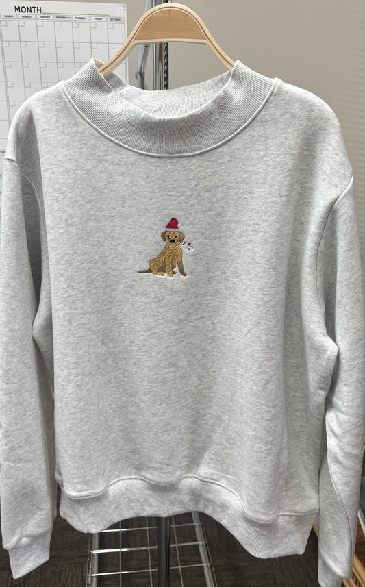 TRADESHOW Pearl Grey Christmas Dog Santa Hat Embroidered Mockneck Sweatshirt 100% Cotton