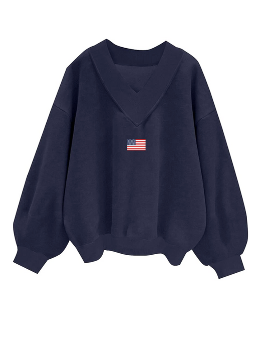 Navy Blue American Flag Embroider V-Neck Sweatshirt
