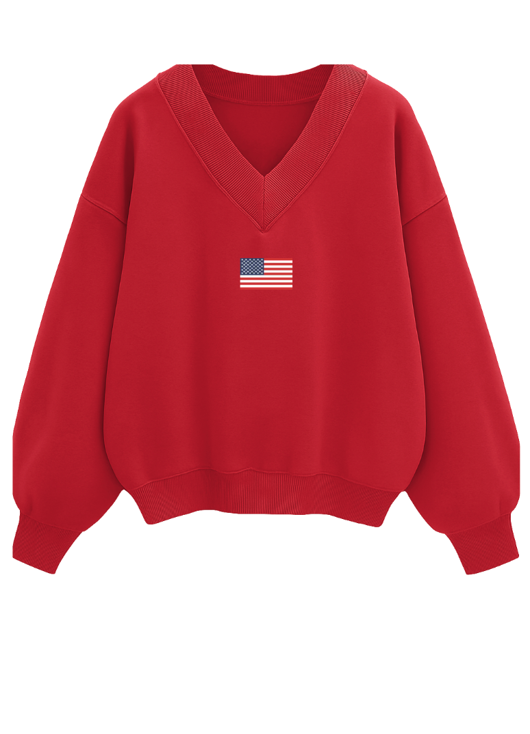 Red American Flag Embroider V-Neck Sweatshirt