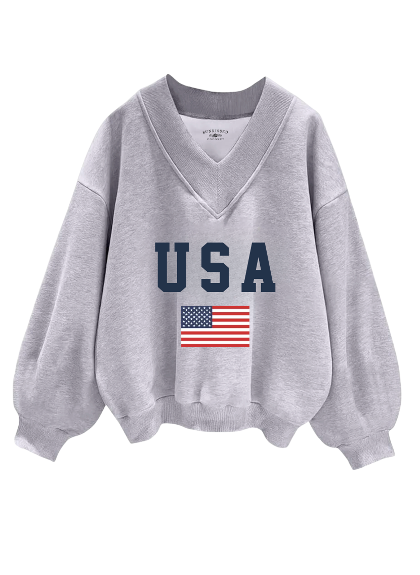 Afternoon Grey USA Flag Embroider V-Neck Sweatshirt