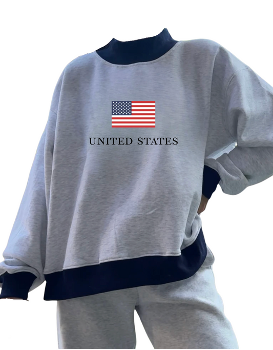 Pearl Grey United States Flag Embroider Mockneck Sweatshirt