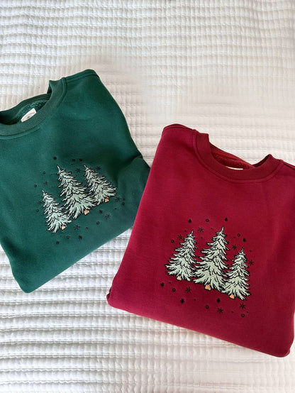Vintage Red Christmas Tree Embroider Sweatshirt