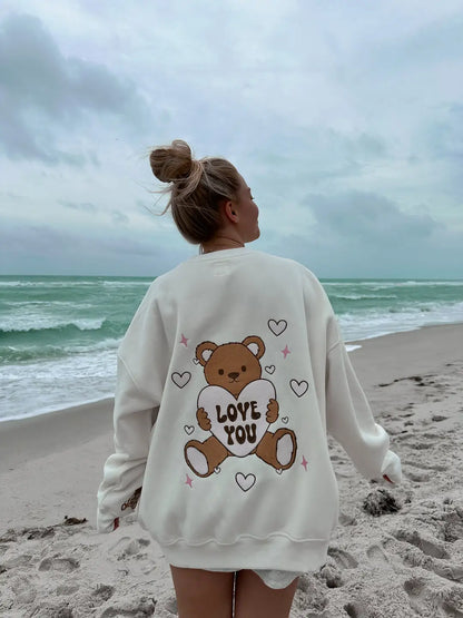 Ivory Teddy Bear Embroider Valentines Day Sweatshirt