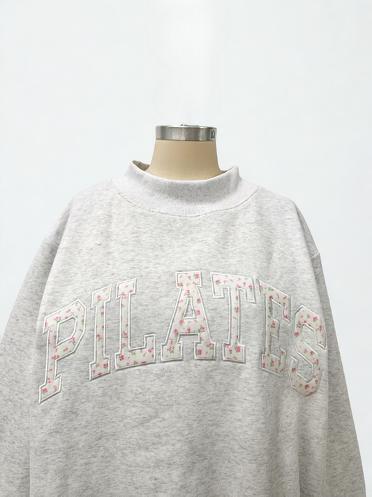 Pearl Grey Mockneck Pilates Embroider Sweatshirt
