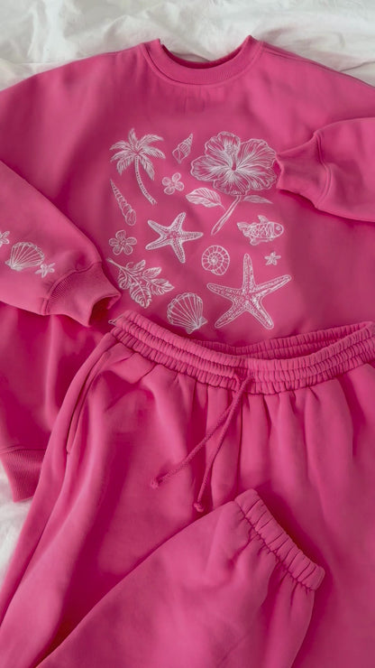 Hibiscus Pink Tropical Embroider Sweatshirt