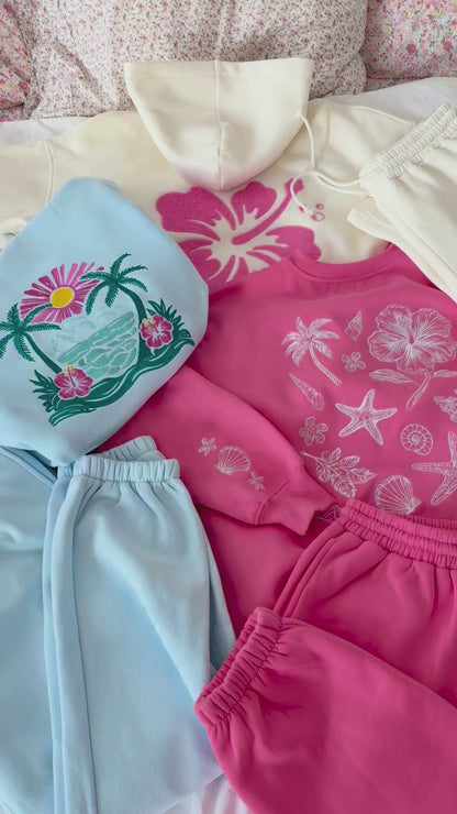 Hibiscus Pink Tropical Embroider Sweatshirt