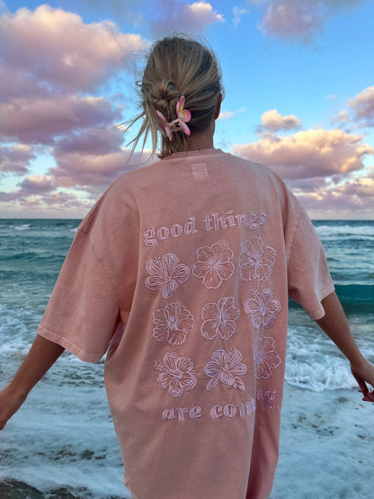 GOOD THINGS ARE COMING EMBROIDER FLOWER TEE